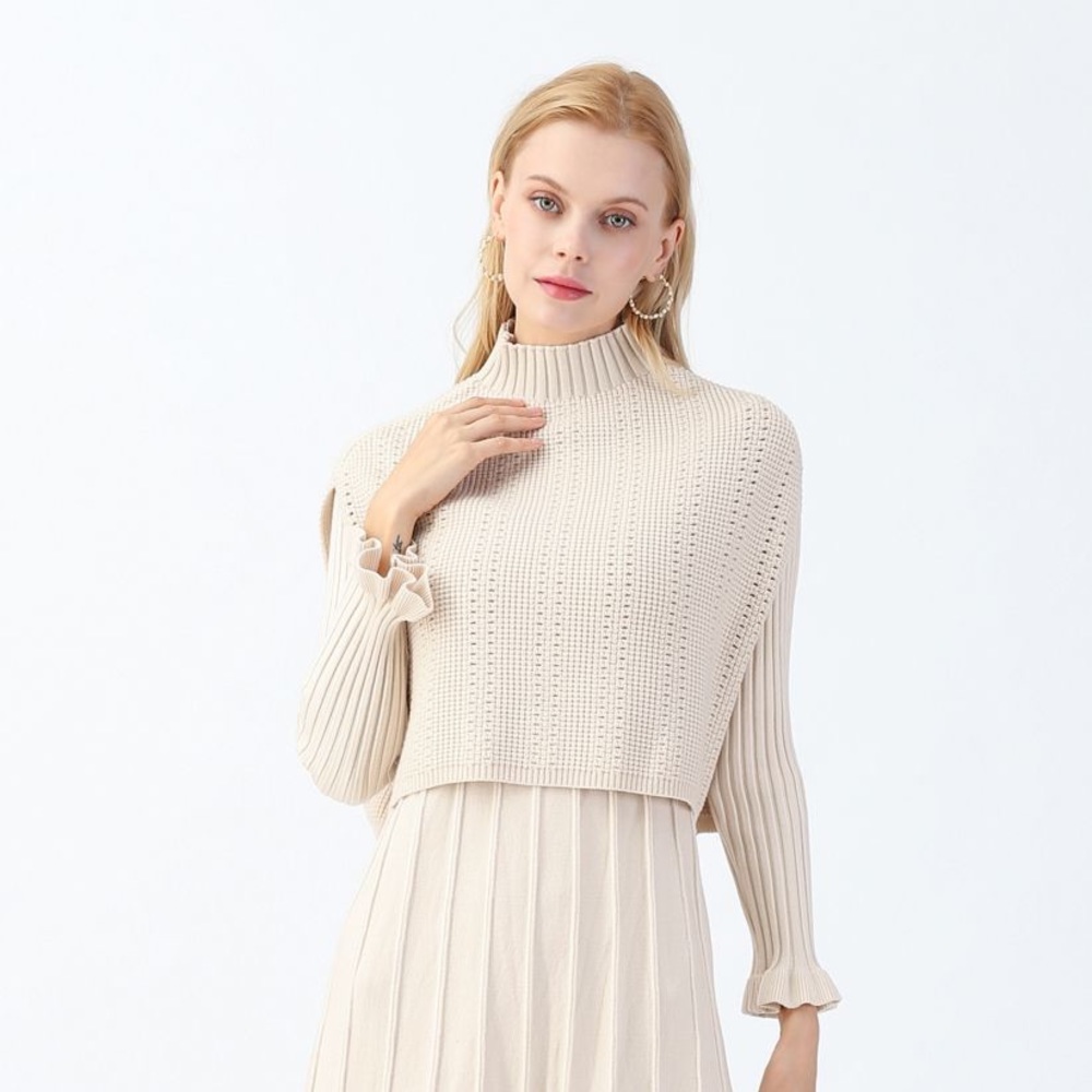 Mock Neck Pleated Knit Twinset Dress in Cream